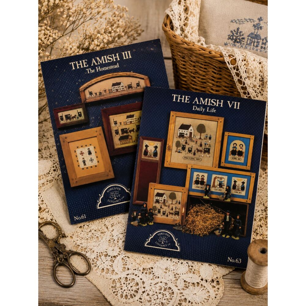 Vintage Amish Cross Stitch Pattern Lot Homespun Elegance Amish Daily Life
